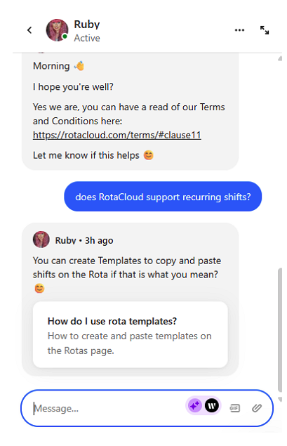 Screenshot showing RotaCloud chat feature.