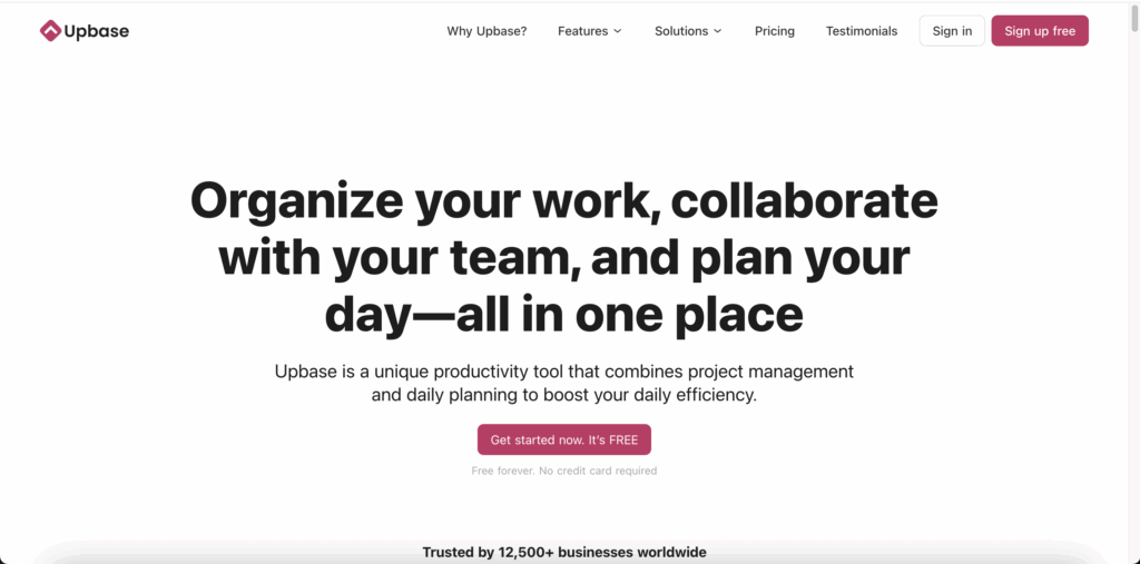 Screenshot of Upbase homepage