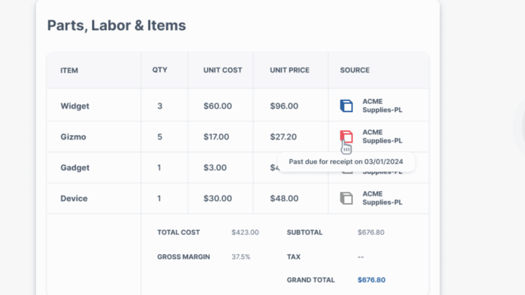 Technicians can log their purchase orders and detail any parts they bought during a work order through their technician app, so you can keep an eye on what's needed for next time.