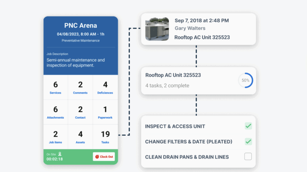 ServiceTrade’s task management tools let you assign subtasks in a specific order and include customizable checklists that workers can complete as they go along.