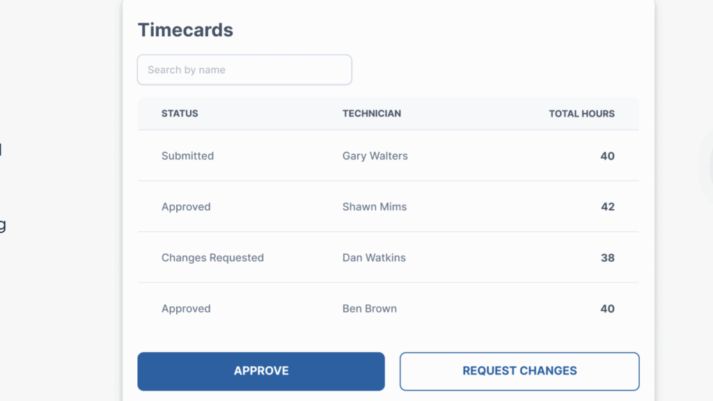 ServiceTrade lets you view, edit, request changes, and approve timecards before finalizing them for accounting, invoicing, and payroll.
