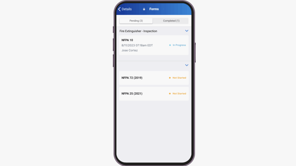 Technicians can complete pre-built inspection forms in real time from their technician app.
