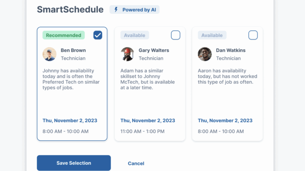 ServiceTrade’s smart AI scheduler recommends technicians for jobs based on their availability, experience, location, and more.