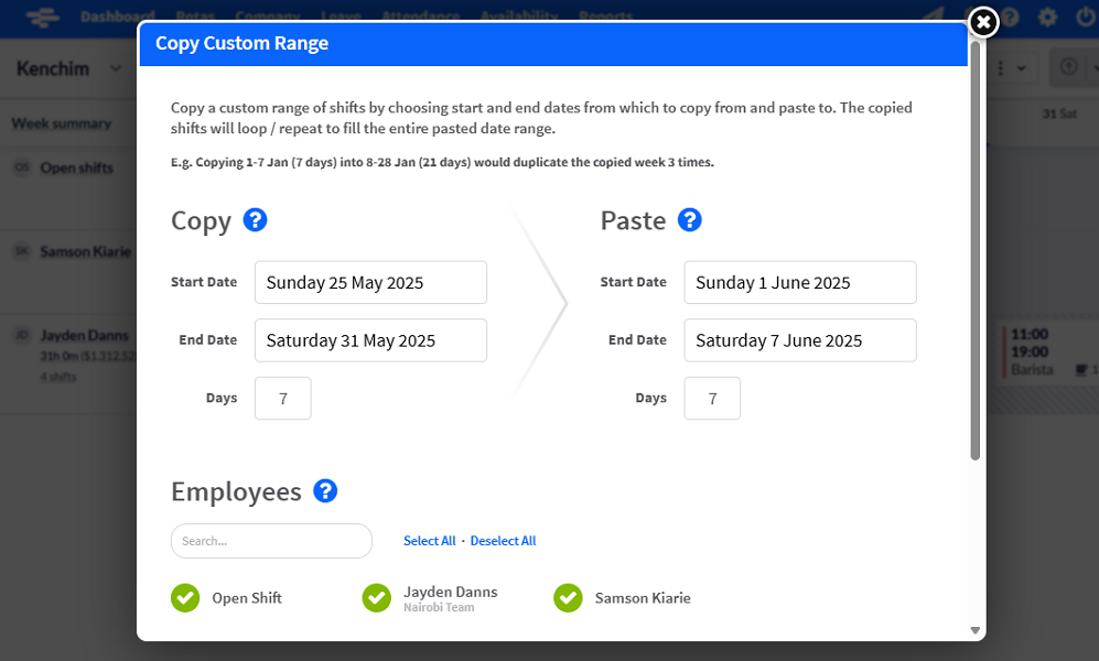 Screenshot showing the shift copying page