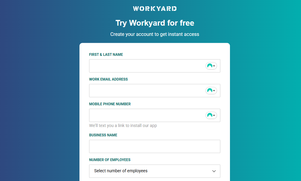 Screenshot showing Workyard sign-up page.