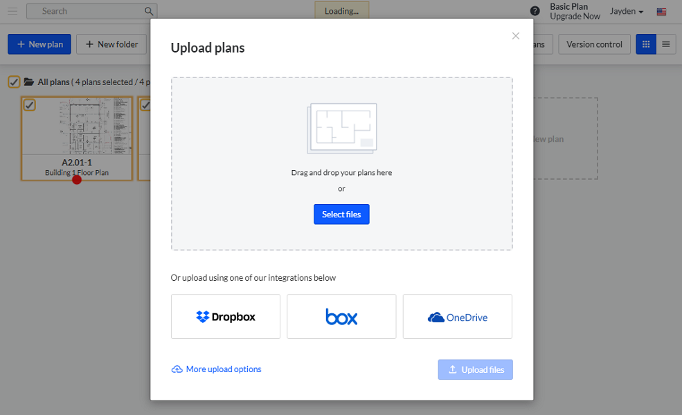 Screenshot showing Fieldwire plan upload options.