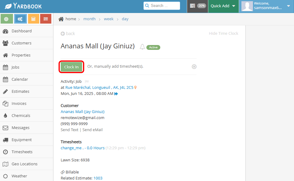 Screenshot showing clock-in button on web app.