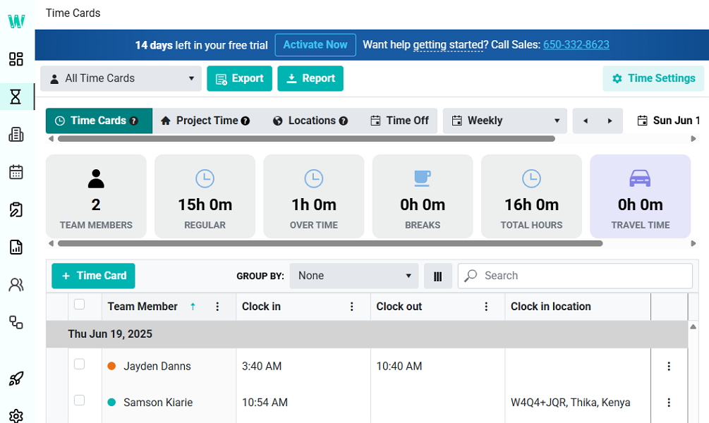 Screenshot showing Workyard’s time cards