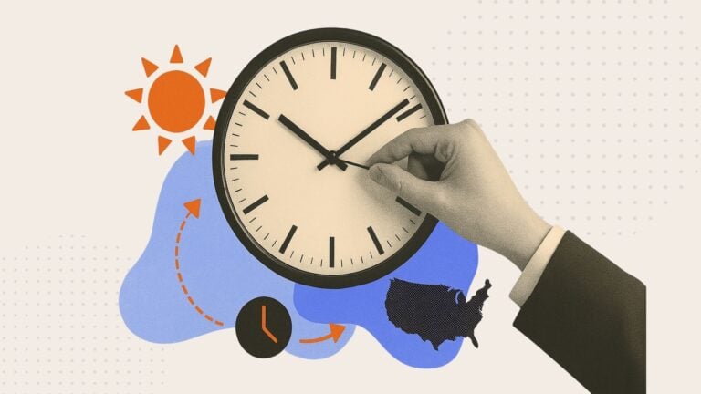 A collage of a hand moving a clock forward for daylight saving time