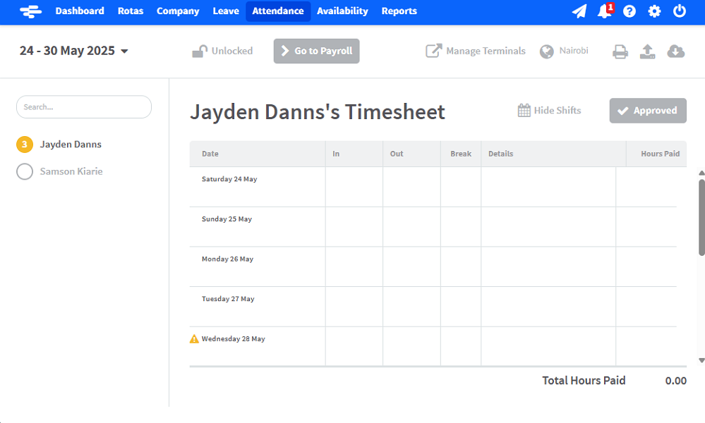 Screenshot showing an employee's timesheet.
