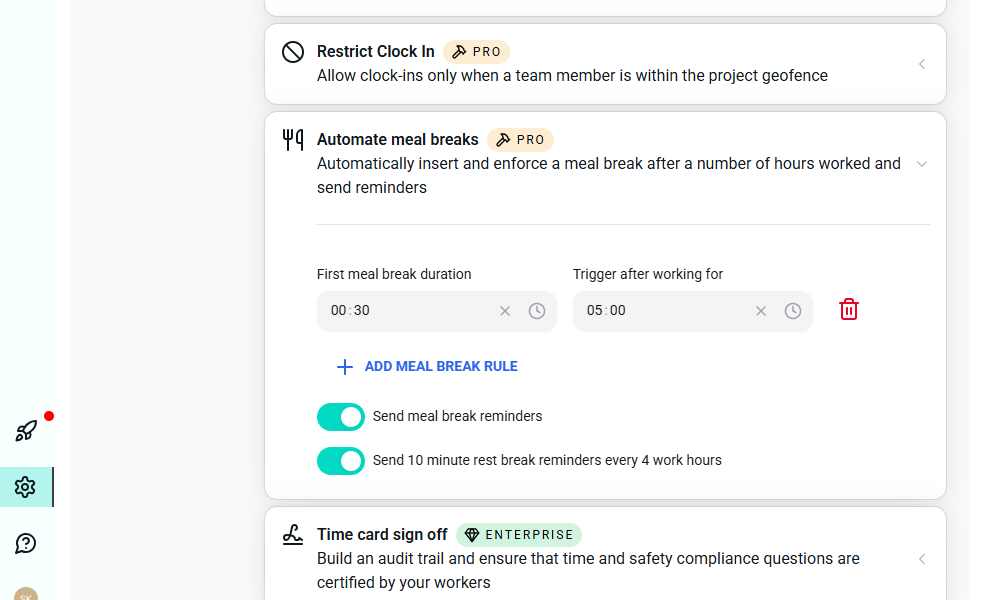 Screenshot showing automatic meal break option. 