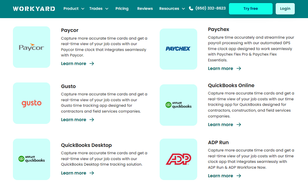 Screenshot showing Workyard integrations. 