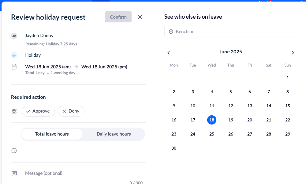 Screenshot showing leave request review page. 
