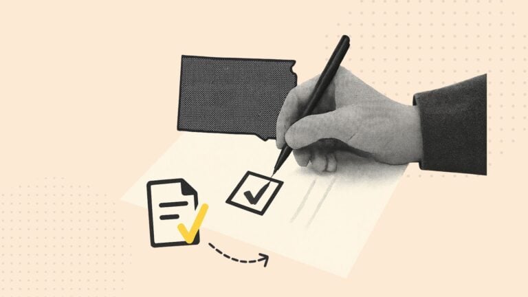 A collage of a hand signing a form and an outline of the state of South Dakota