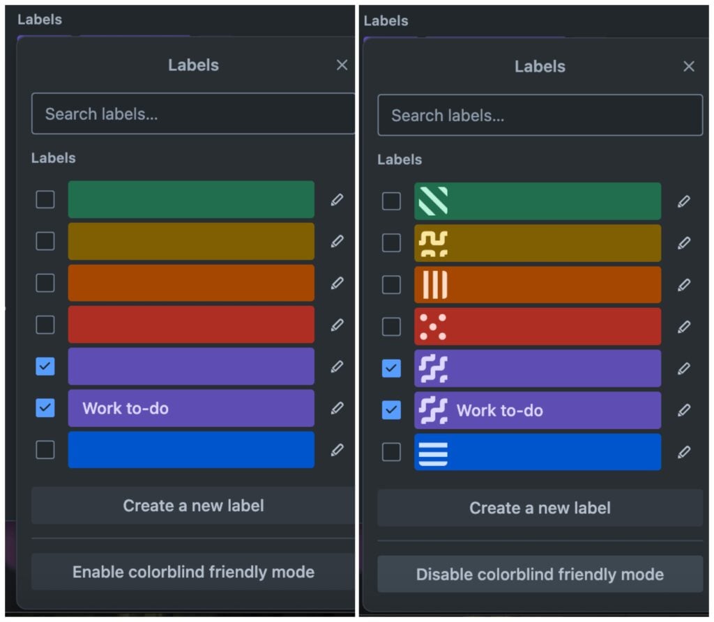 Trello includes a colorblind mode, replacing solid label colors with patterns to ensure visual clarity for all users.