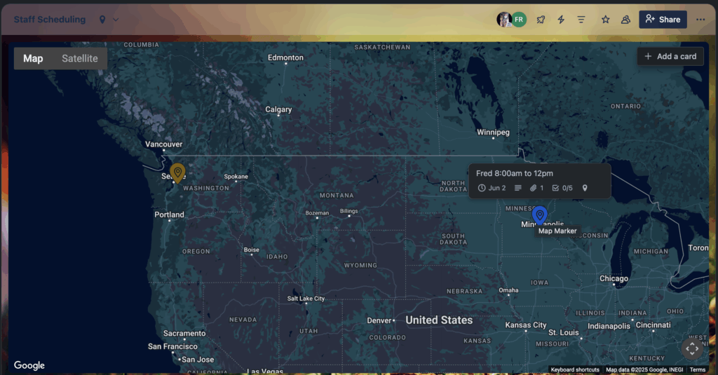 Trello’s Map View pins cards to geographic locations—great for visualizing jobs, but lacking real GPS or check-in functionality.
