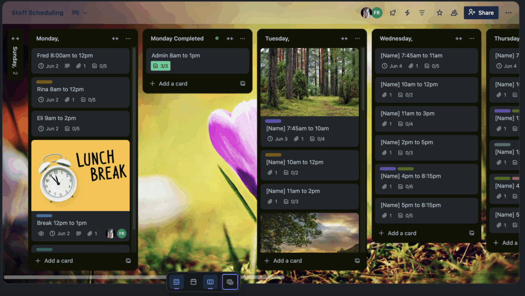 Trello board showing staff scheduling template with daily lists and shift cards for each team member, including checklists and due dates.