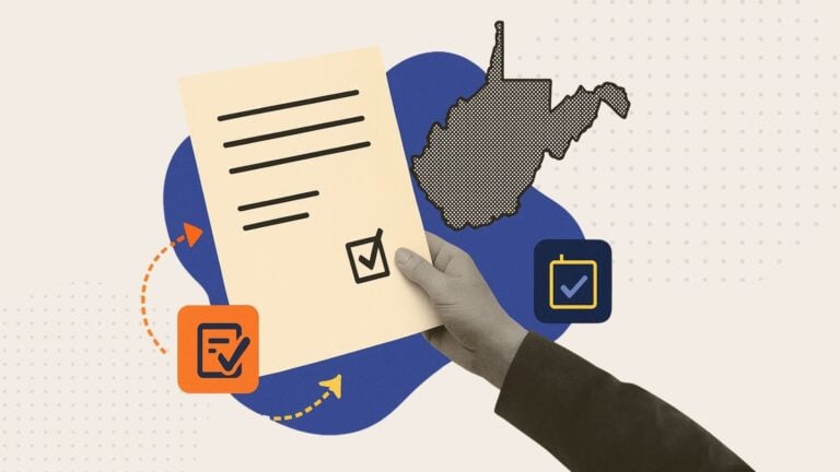 An illustration showing a hand holding a legal document and a map of the State of West Virginia