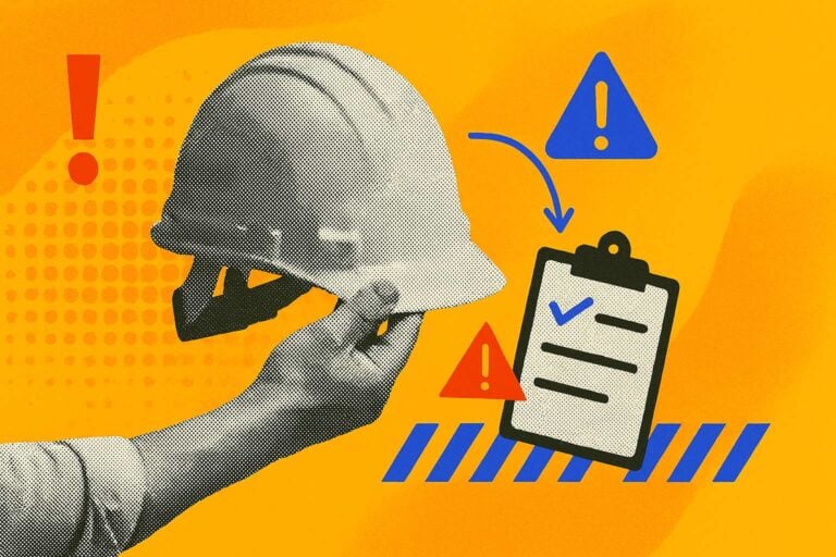 An illustration of a hand holding a hard hat next to safety warning signs