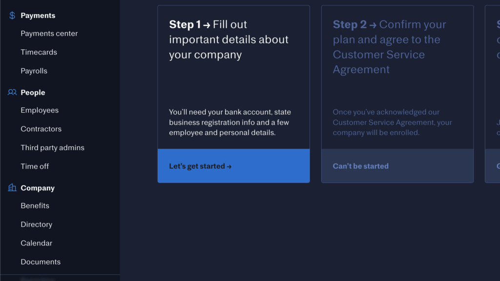 Justworks’ web portal has a navy blue and white color theme in dark mode, with features listed cleanly in the left sidebar.