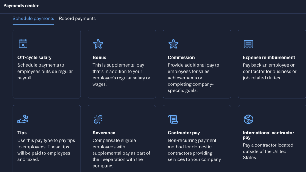 Justworks’ payments center, where you can process regular payroll, off-cycle salaries, bonuses, commissions, expenses, tips, and more.