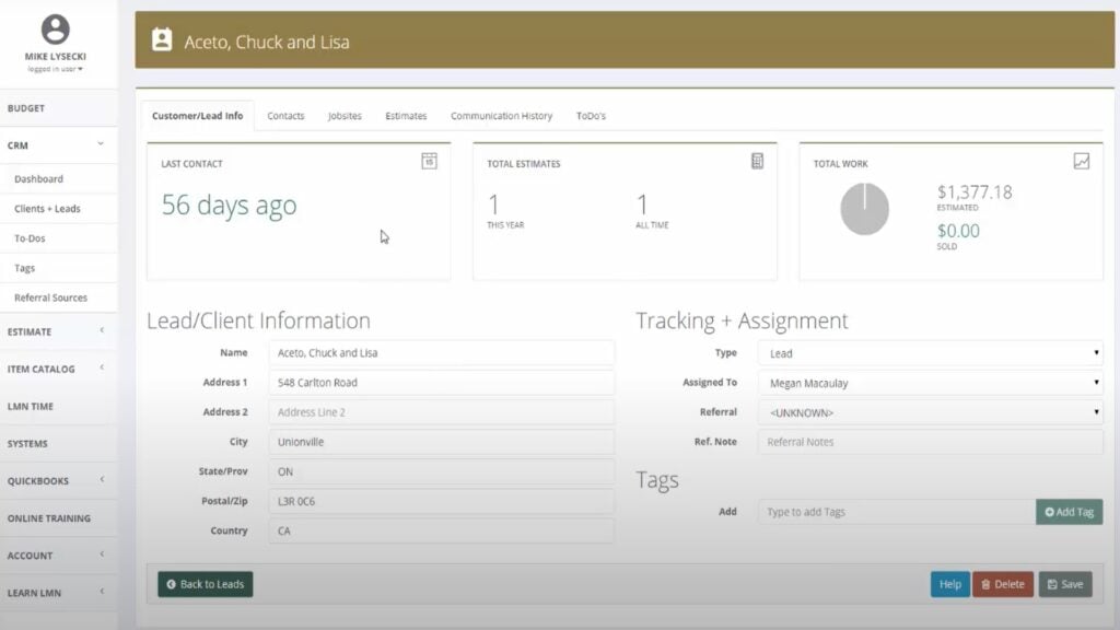 Summary of information about a lead in LMN’s CRM.