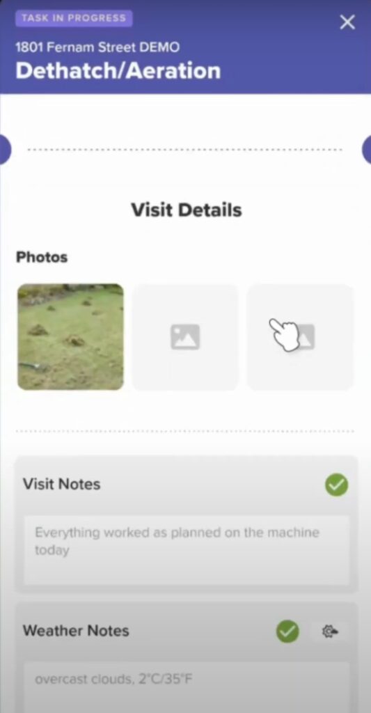 Adding photos and notes to a job in the LMN Crew app.