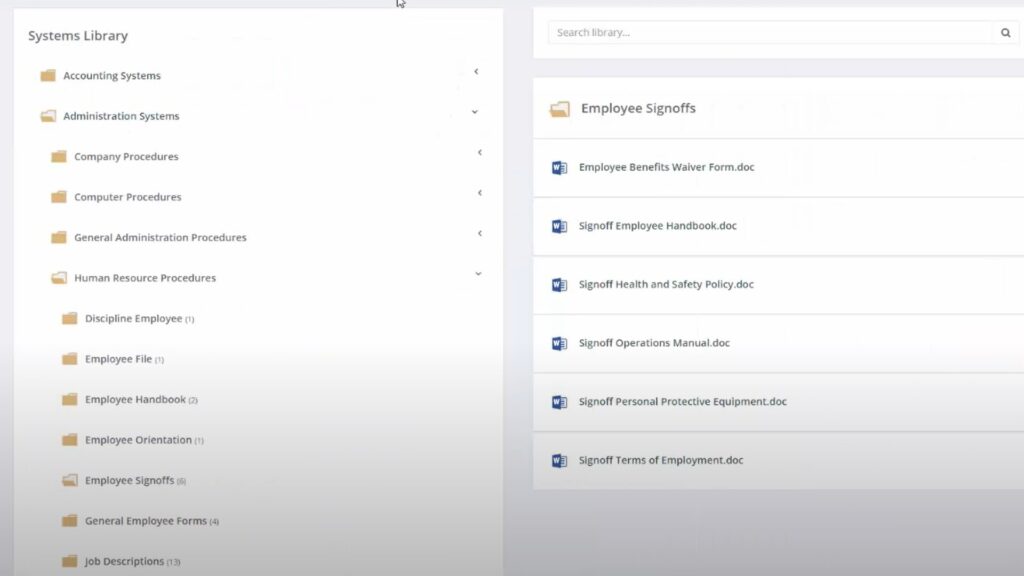 The systems library in LMN showing folders of documents.