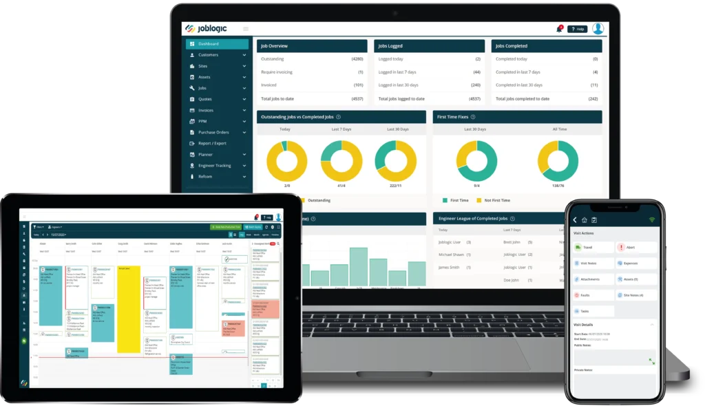 Joblogic’s admin dashboard, scheduler, and mobile app screens.