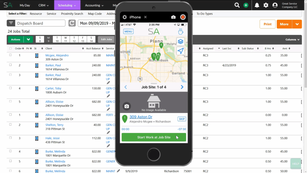 Screenshot of the Service Autopilot Team App, showing the Work At Site page.