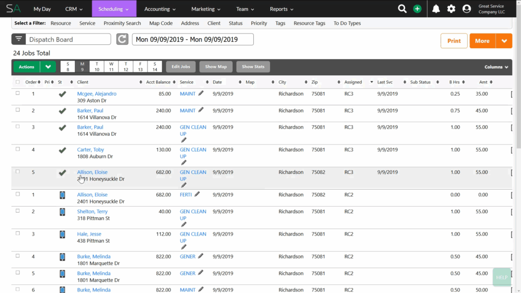 Screenshot of the Service Autopilot website dispatch board.