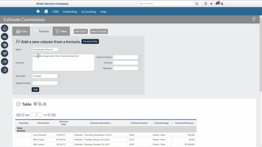 Screenshot of the Service Autopilot website Estimate Commission page, with options for adding formulas, applying filters, and more.