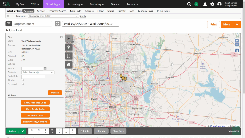 Screenshot of the Service Autopilot route by map page, featuring a detailed map with pins showing the route.