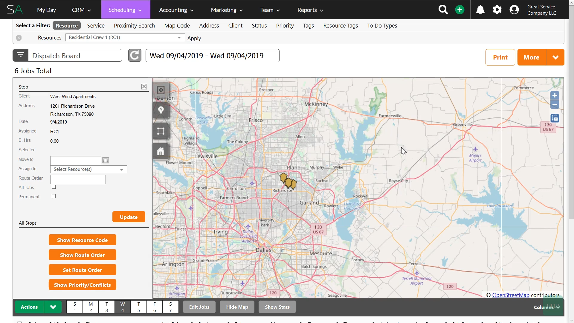 Screenshot of the Service Autopilot route by map page, featuring a detailed map with pins showing the route.