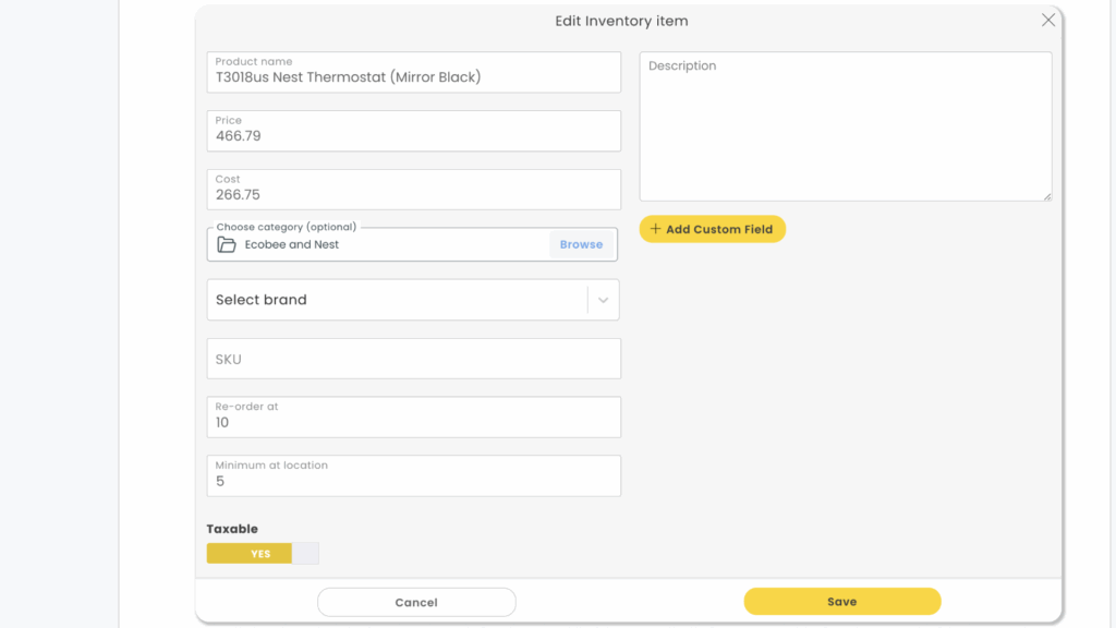 Workiz lets you create inventory items and add details such as cost, price, product name, SKU, and more.