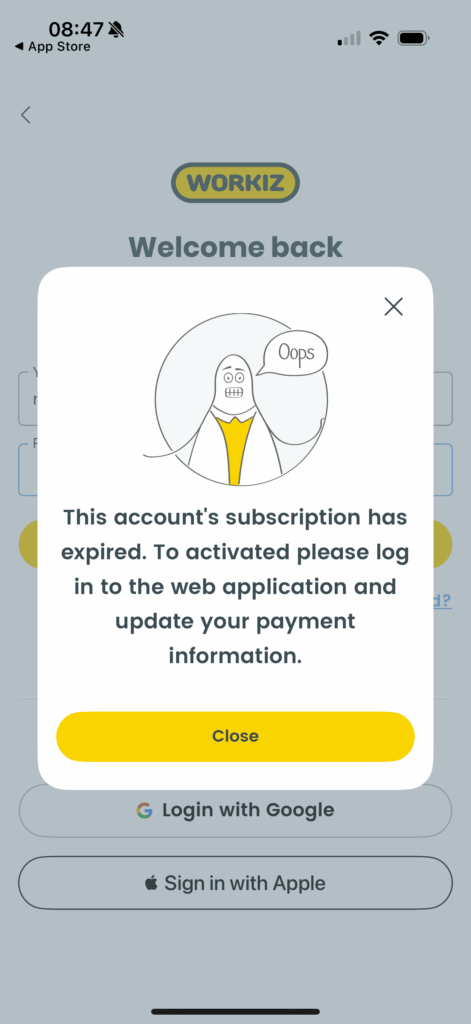 Workiz’s mobile app also had a glitch with the free trial and said the account subscription had expired, even though it was meant to be active for seven more days.
