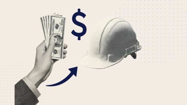 An illustration showing a hand holding cash next to a hard hat