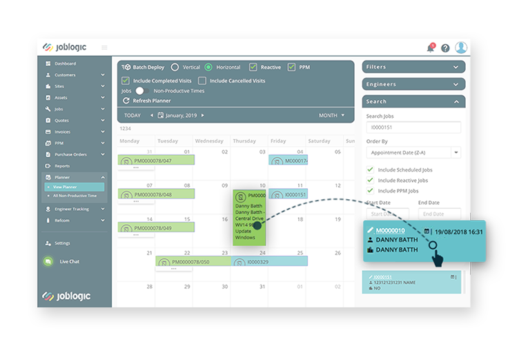Admin’s calendar view when scheduling jobs via the web-based platform