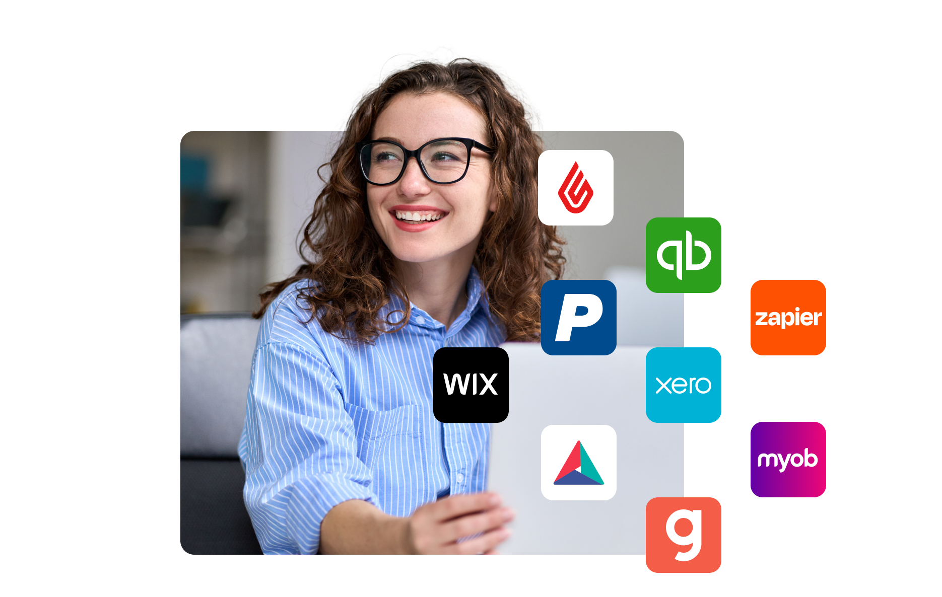 A woman smiling holding her computer and all of the integrations logo illustration arround her