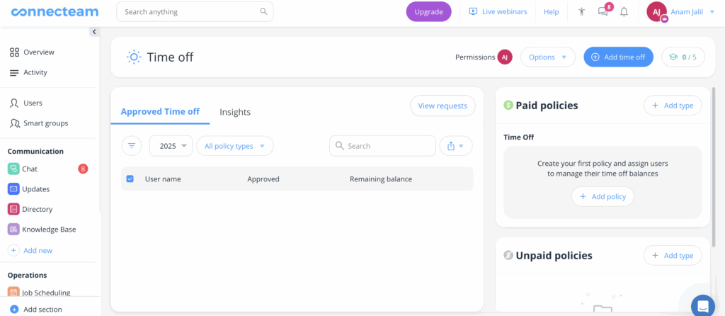 Connecteam’s PTO and time-off dashboard, showing insights and remaining balance per user.
