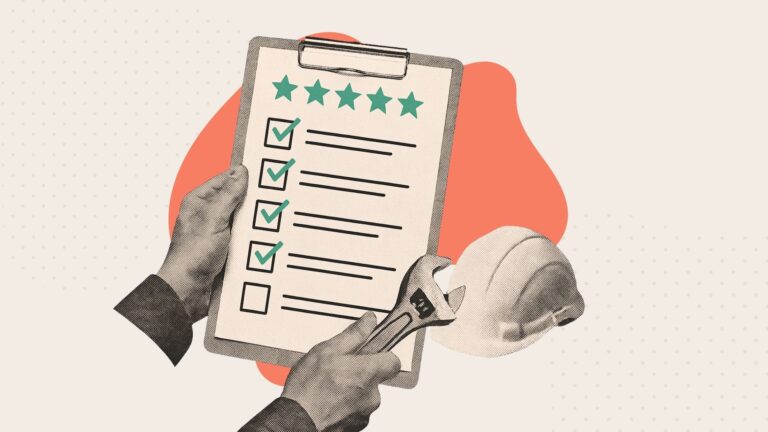 A collage of a hand holding a construction employee evaluation form