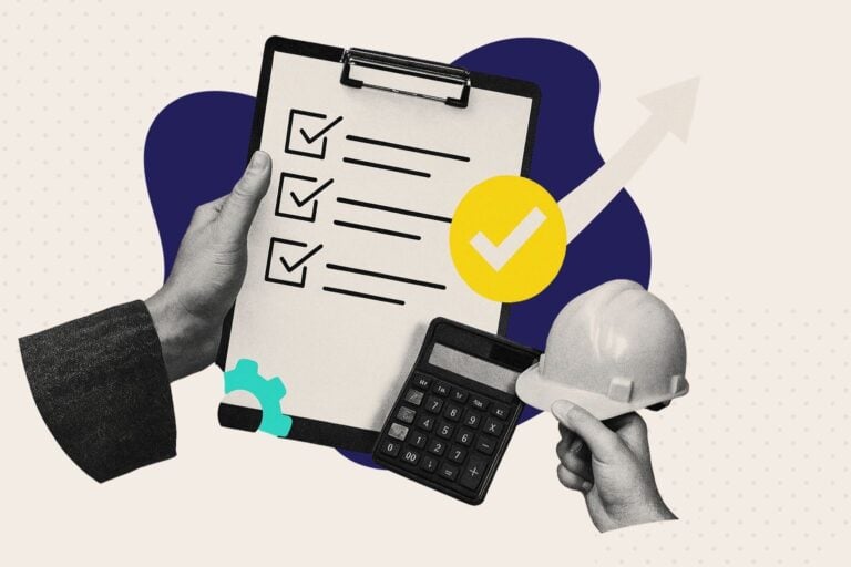 A collage of a hand holding a clipboard next to a construction hard hat