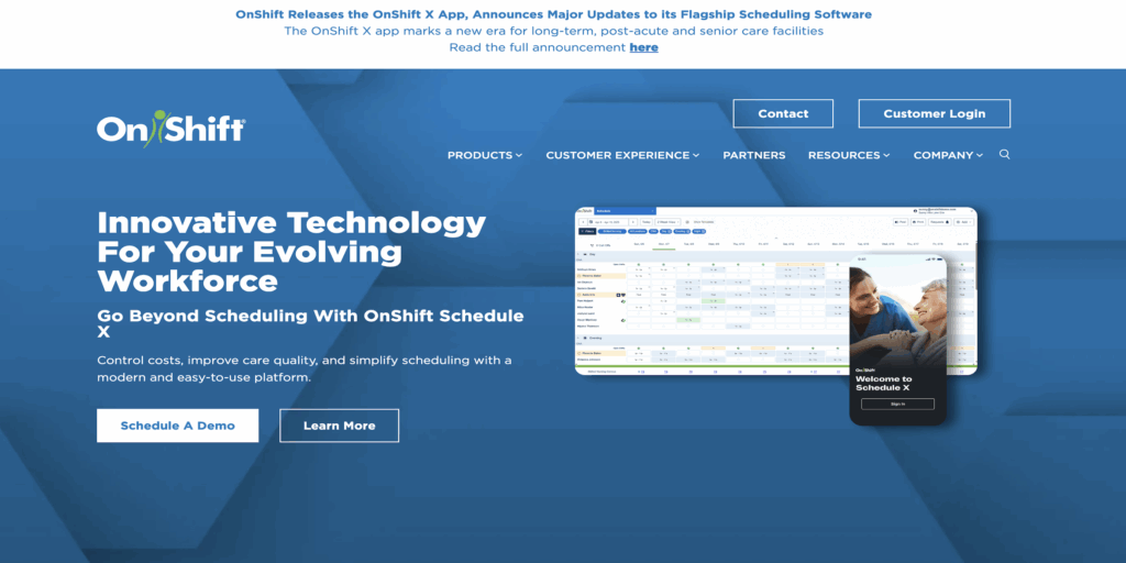 OnShift’s homepage features CTA buttons and a screenshot of the web and mobile app.