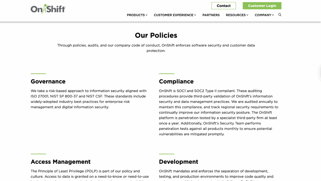 An overview of OnShift’s security credentials, covering governance, access management, compliance, and development.