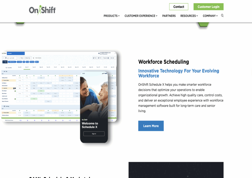 A closer look at OnShift’s web and mobile app, with screenshots showing both systems, and a CTA button to learn more.