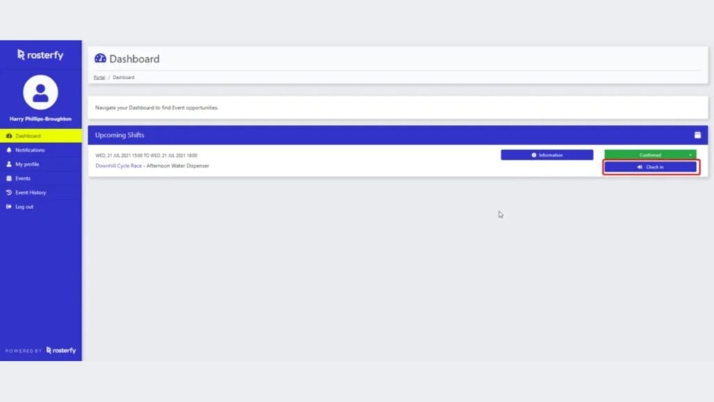 Rosterfy's interface is neatly laid out—the dashboard shows the “check in” option on an upcoming shift.