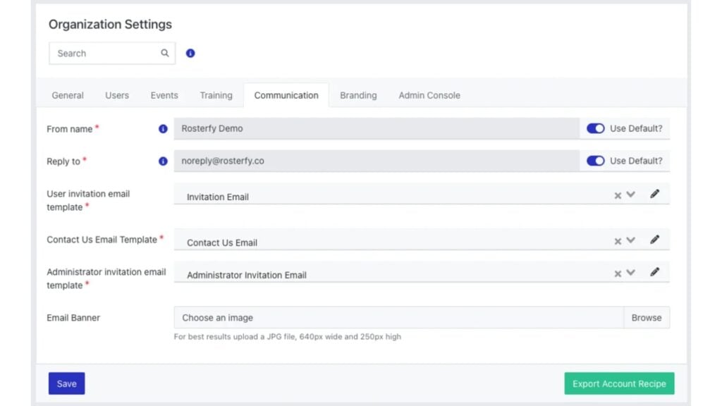 Email communication settings on Rosterfy, including reply-to email address and banner image.