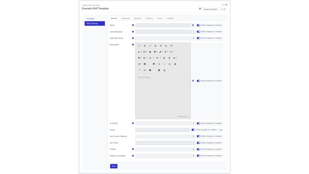 Rosterfy's shift template includes extensive formatting and settings.
