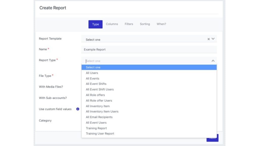 You can customize standard reports, including "All Users" and "All Event Shifts".