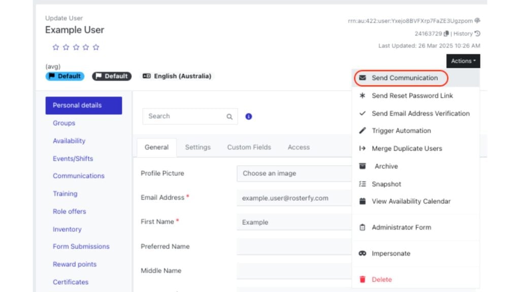 In volunteer profiles, you can check communication history and training progress, plus take quick actions.